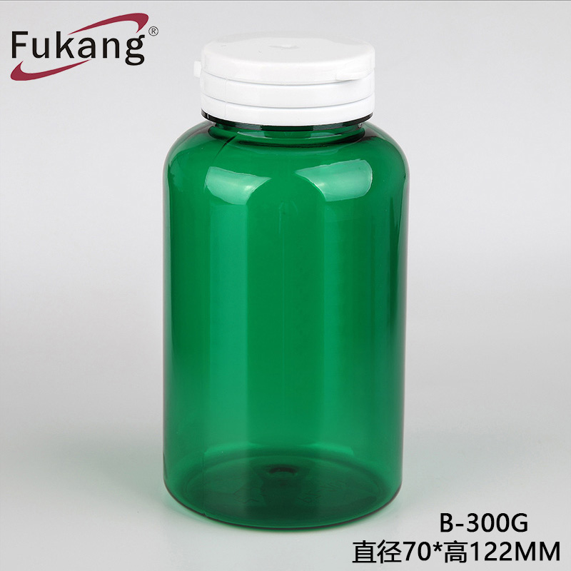 300cc PET透明綠色藥丸瓶，帶白色撕下蓋，PET塑料醫用圓形瓶