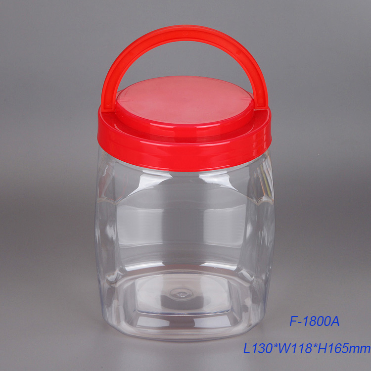 带有手柄的红色正方形PET罐，透明食品级罐，1800ml塑料糖果罐批发