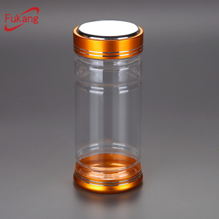 250毫升带金盖的塑料包装瓶，PET竹形瓶，带有用于标签设计的凹槽